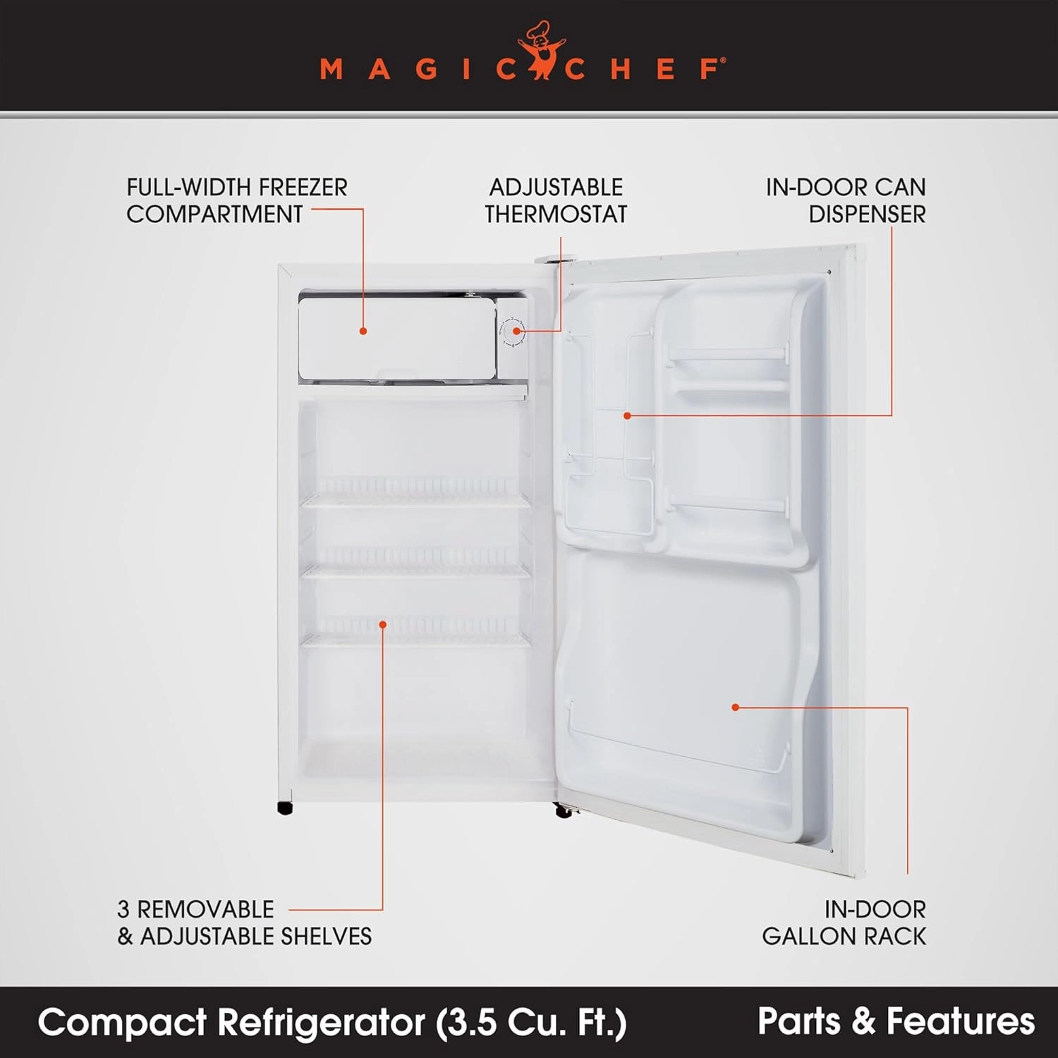 Magic Chef MCBR350W2 Compact Refrigerator with Manual Defrost, Small Refrigerator for Compact Spaces, 3.5 Cubic Feet, White