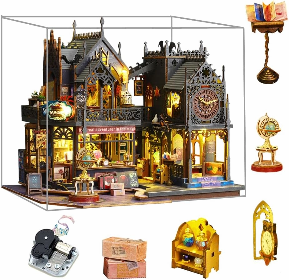 Magic Dollhouse DIY Miniature House Kit,Wooden Magic Shop Dolls House with Furniture, Magic Castle Puzzle Toy Creative Gift Kid Teen Birthday Christmas (Plus Dust Cover and Music Box)