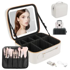Makeup Bag Organizer with LED Mirror, Portable Cosmetic Train Case Lighted Mirror, Travel Make Up Box Adjustable Dividers, Brush Holder Storage for Women, White