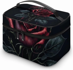 Makeup Bag Bleeding Rose Watercolor Cosmetic Bag for Women Beauty Zipper Makeup Organizer PU Leather Waterproof Toiletry Train Case Halloween Flower Blood
