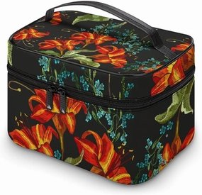 Makeup Bag Classical Embroidery Red Lilies Cosmetic Bag for Women Beauty Zipper Makeup Organizer PU Leather Waterproof Toiletry Train Case Flower