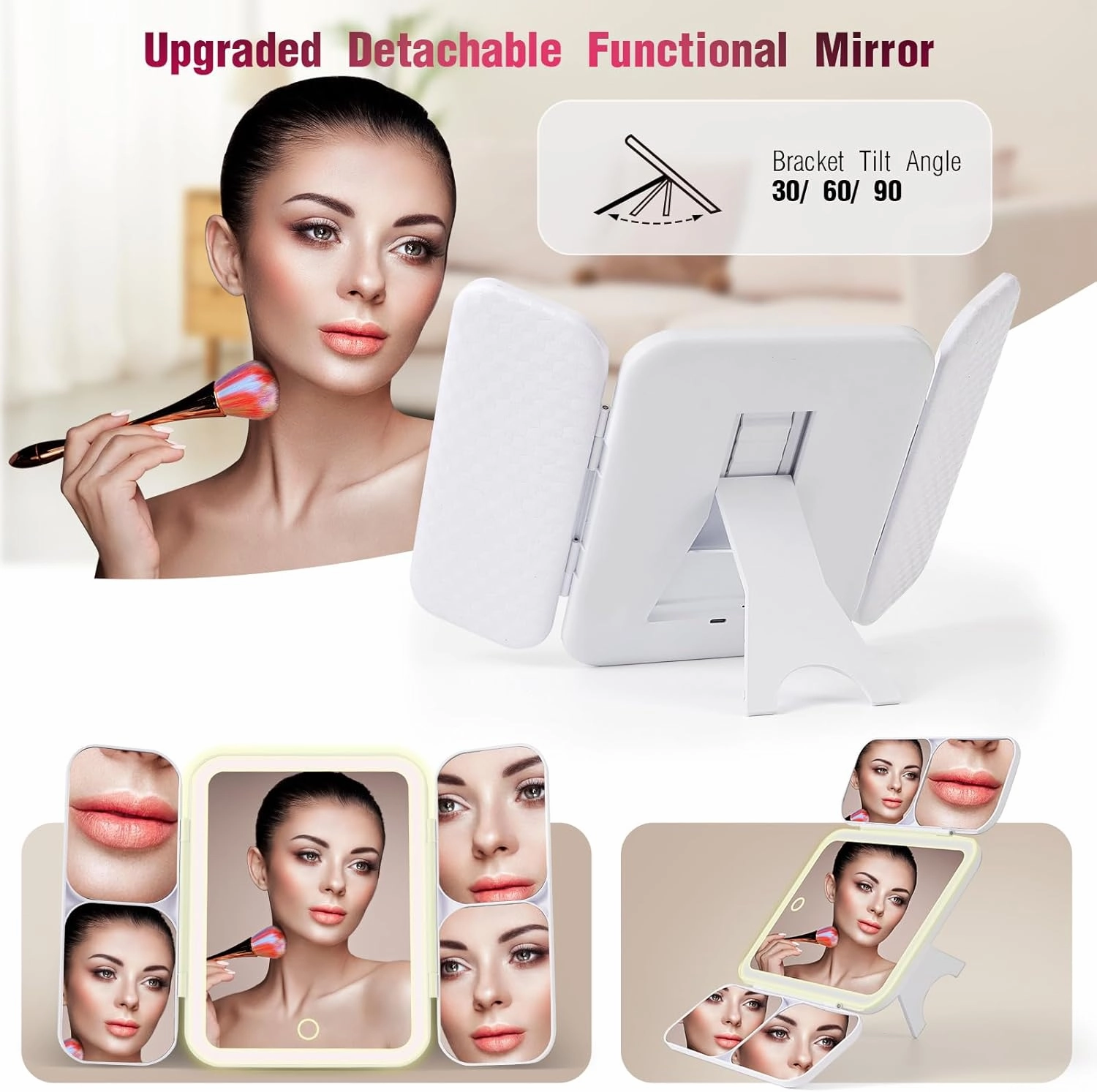 Makeup Bag with LED 1X5X10X20X30X Magnifying Mirror and Travel Makeup Train Case Cosmetic Organiser with LED Mirror and Separate Makeup Brush Panel, Portable Adjustable Divider Storage Bag, Black