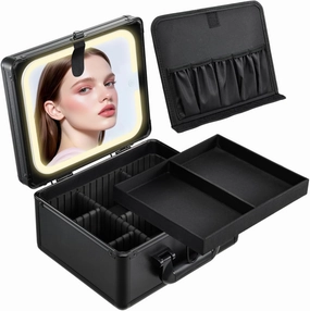 Makeup Case with Lighted Vanity Mirror, Makeup Organizer Box Travel Make up Case with LED Mirror Portable Cosmetic Train Case for Countertop Lockable Makeup Suitcase with Adjustable Dividers