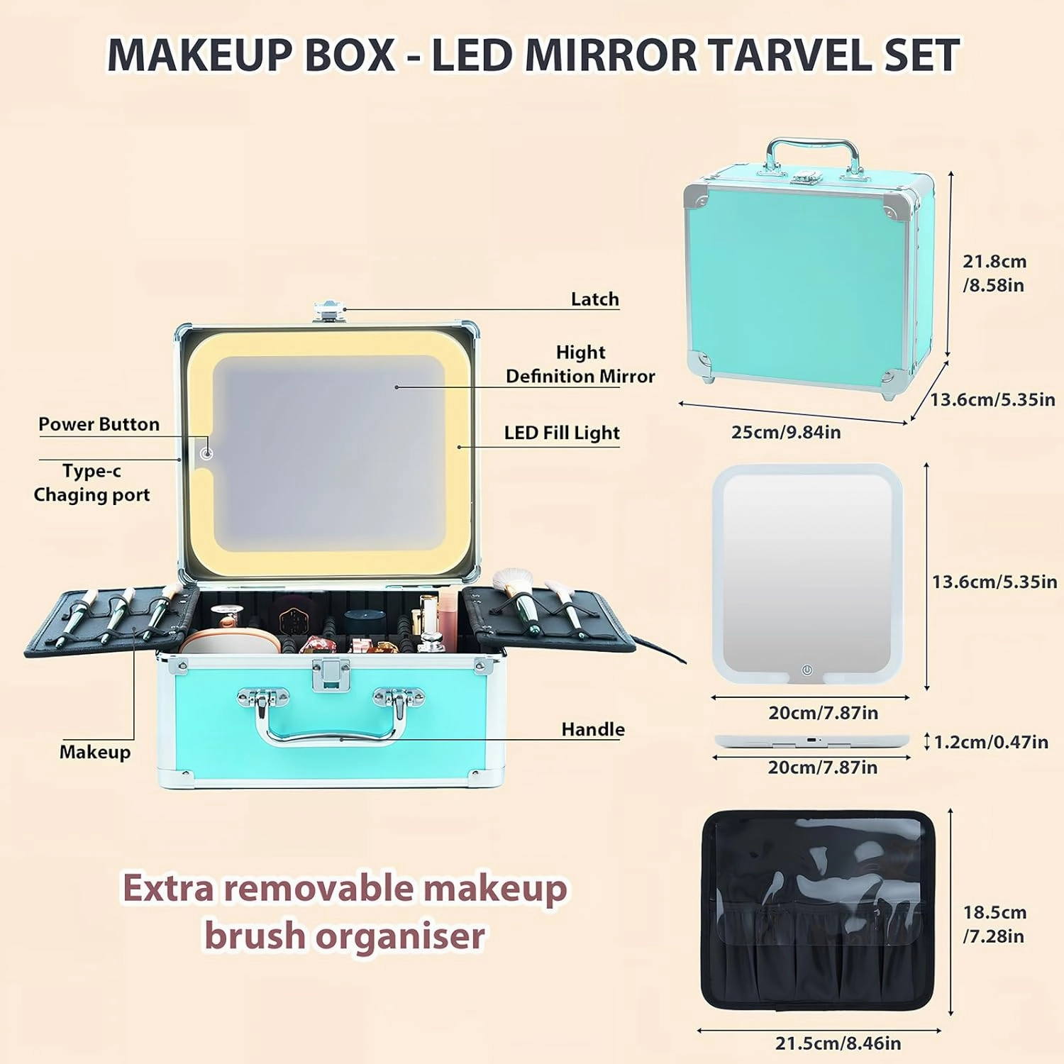 Makeup Organizer Box with Detachable Lighted Mirror, Travel Train Cosmetic Case, Adjustable Divider Storage Bag, Portable Artist Storage Suitcase with Magnetic LED Mirror - Black