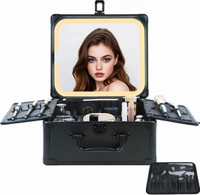 Makeup Organizer Box with Detachable Lighted Mirror, Travel Train Cosmetic Case, Adjustable Divider Storage Bag, Portable Artist Storage Suitcase with Magnetic LED Mirror - Black