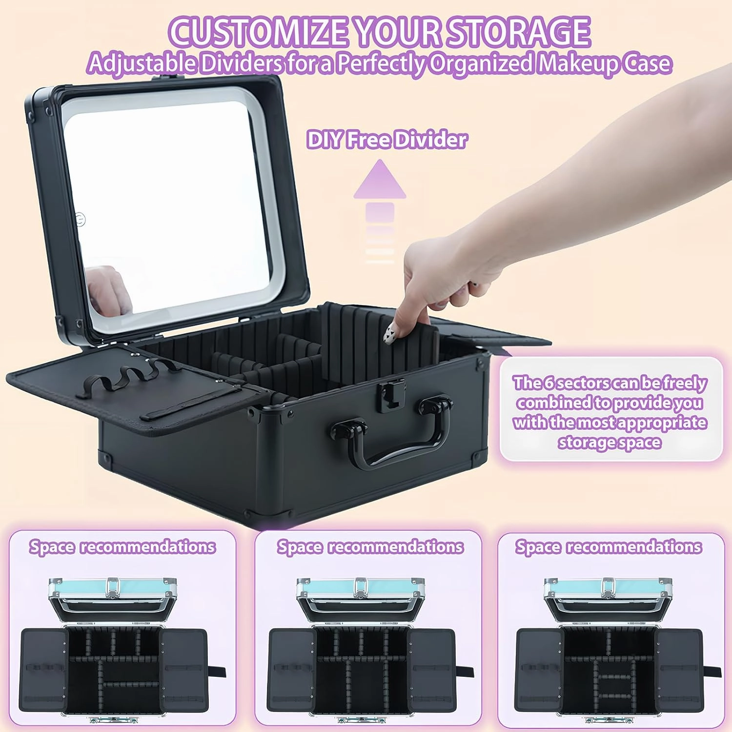 Makeup Organizer Box with Detachable Lighted Mirror, Travel Train Cosmetic Case, Adjustable Divider Storage Bag, Portable Artist Storage Suitcase with Magnetic LED Mirror - Black