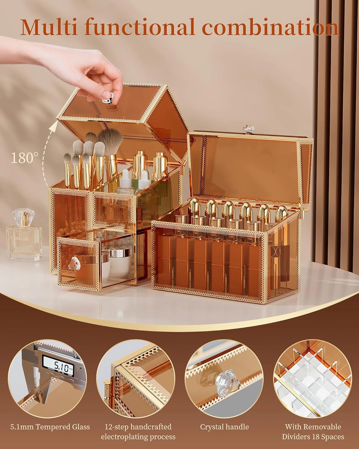 Makeup Organizer Countertop Set – Vanity Holder with 18-Slot Lipstick Organizer & Covered Makeup Brush Holder – Skincare, Perfume & Cosmetic Display for Bathroom or Dresser