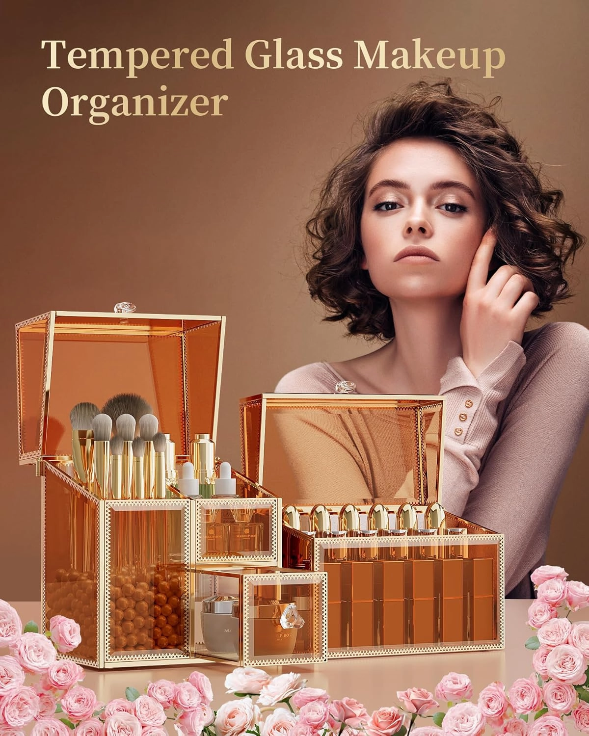 Makeup Organizer Countertop Set – Vanity Holder with 18-Slot Lipstick Organizer & Covered Makeup Brush Holder – Skincare, Perfume & Cosmetic Display for Bathroom or Dresser