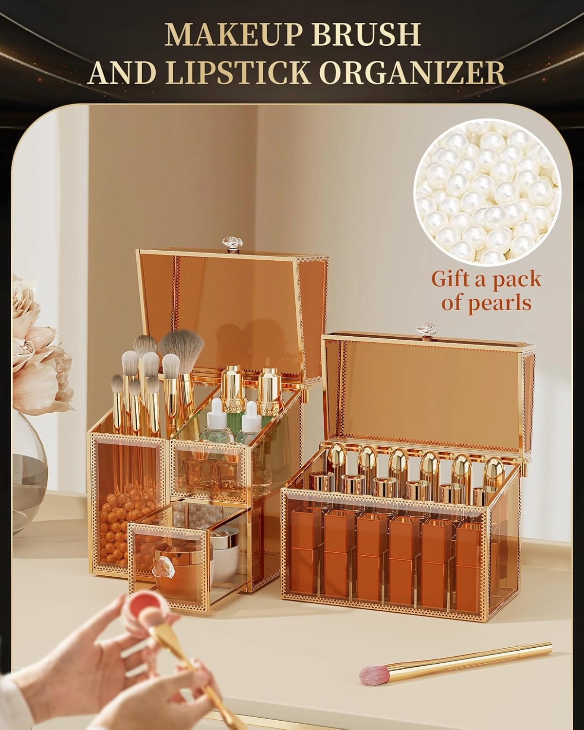 Makeup Organizer Countertop Set – Vanity Holder with 18-Slot Lipstick Organizer & Covered Makeup Brush Holder – Skincare, Perfume & Cosmetic Display for Bathroom or Dresser