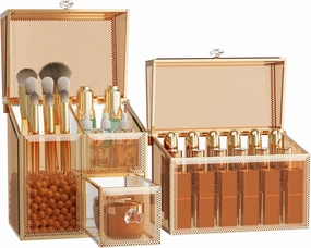 Makeup Organizer Countertop Set – Vanity Holder with 18-Slot Lipstick Organizer & Covered Makeup Brush Holder – Skincare, Perfume & Cosmetic Display for Bathroom or Dresser