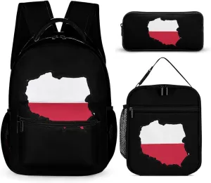 Map of Poland Flag Unisex 3 Pcs Backpack Combination Set 16 in Daypack Insulated Lunch Bag Portable Pencil Case