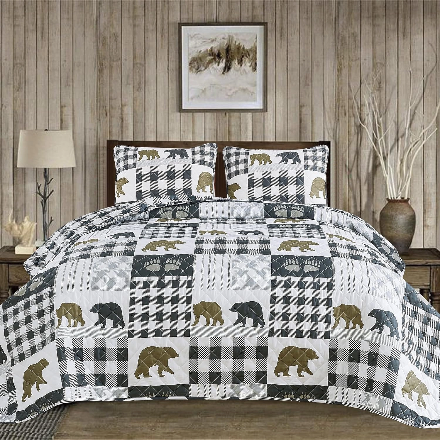 Market & Place Rustic Quilts Full/Queen Size | 3-Piece Cabin Comforter Set with Shams | Reversible Lodge Bear Bedding for All Season | Orson Collection (Full/Queen, Grey/Brown)
