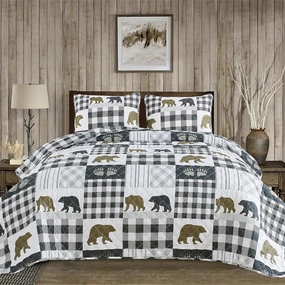 Market & Place Rustic Quilts Full/Queen Size | 3-Piece Cabin Comforter Set with Shams | Reversible Lodge Bear Bedding for All Season | Orson Collection (Full/Queen, Grey/Brown)