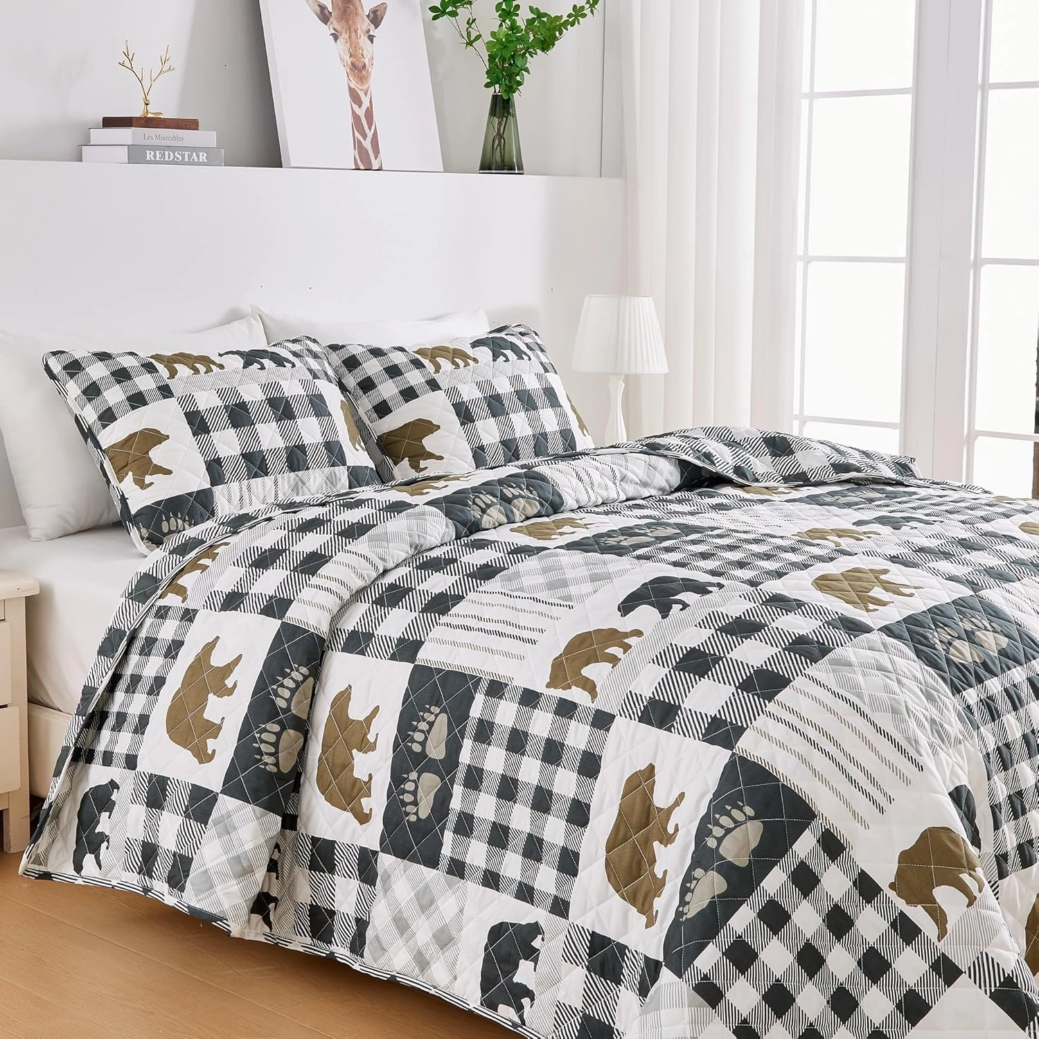 Market & Place Rustic Quilts Twin Size | 2-Piece Cabin Comforter Set with Sham | Reversible Lodge Bear Bedding for All Season | Orson Collection (Twin, Grey/Brown)