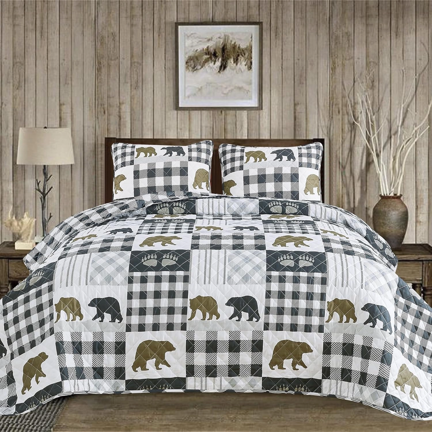 Market & Place Rustic Quilts Twin Size | 2-Piece Cabin Comforter Set with Sham | Reversible Lodge Bear Bedding for All Season | Orson Collection (Twin, Grey/Brown)