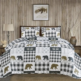 Market & Place Rustic Quilts Twin Size | 2-Piece Cabin Comforter Set with Sham | Reversible Lodge Bear Bedding for All Season | Orson Collection (Twin, Grey/Brown)
