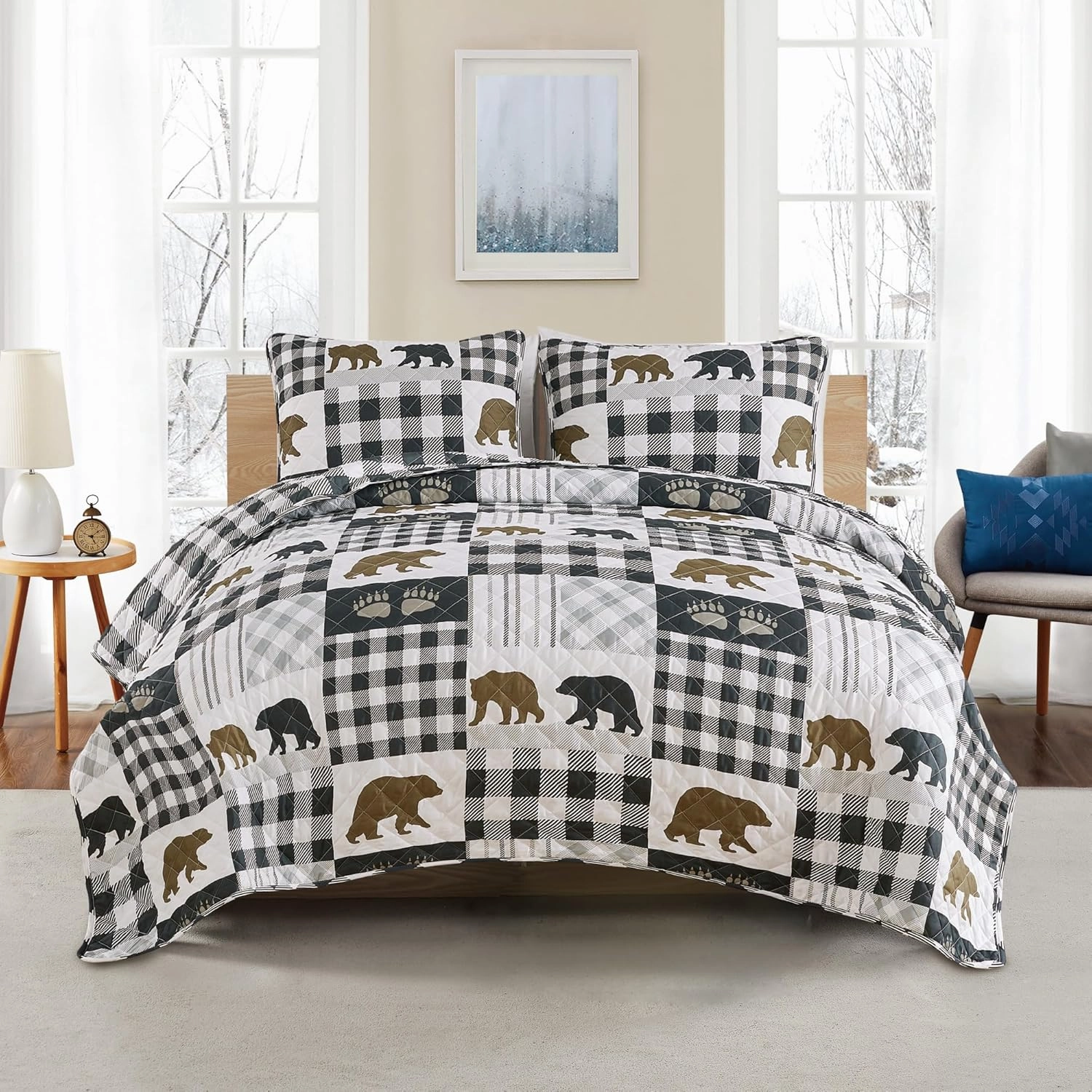 Market & Place Rustic Quilts Twin Size | 2-Piece Cabin Comforter Set with Sham | Reversible Lodge Bear Bedding for All Season | Orson Collection (Twin, Grey/Brown)