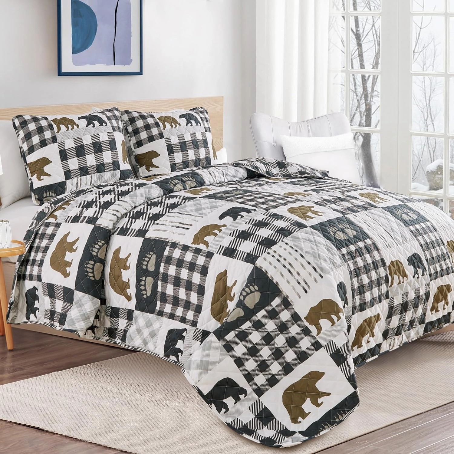 Market & Place Rustic Quilts Twin Size | 2-Piece Cabin Comforter Set with Sham | Reversible Lodge Bear Bedding for All Season | Orson Collection (Twin, Grey/Brown)