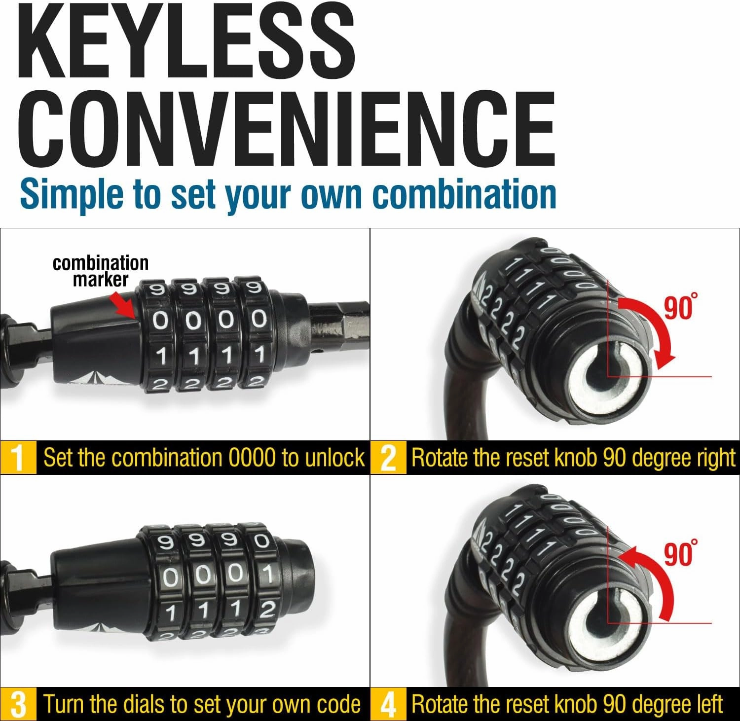 MARQUE Straight Combination Bike Lock Cable - 3/8 inch (5FT, 10FT, 15FT, 25FT) Resettable Combination Lock, Anti-Theft Security Cable for Bicycles, Kayaks, Paddle Boards, Gates&Outdoor Gear (15 FT)