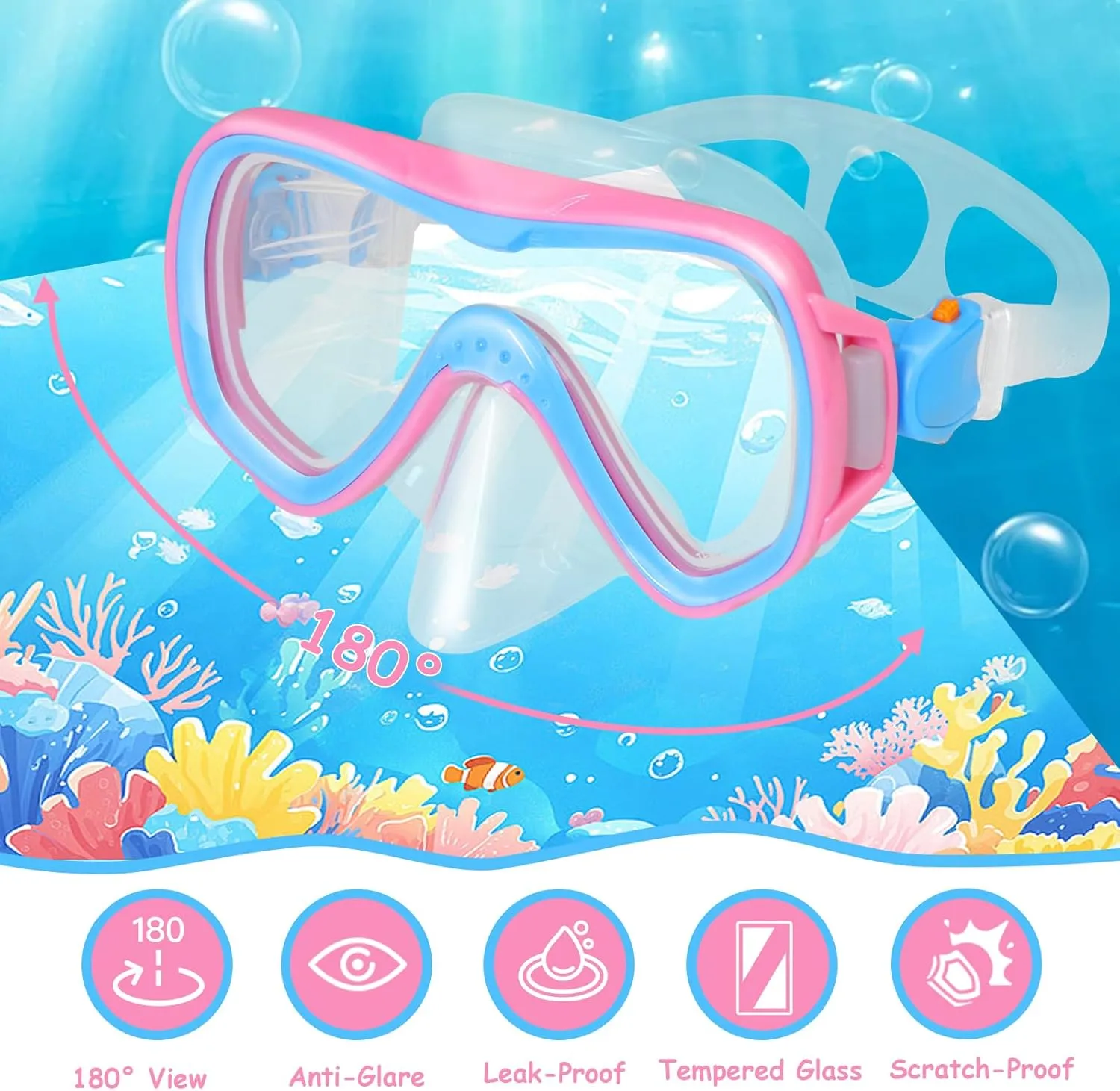 Mask Fins Snorkel Set, Snorkeling Gear for Kids, Panoramic View Diving Mask Anti-Fog, Anti-Leak, Dry Top Snorkel and Dive Flippers with Travel Bag, for Kid Snorkeling Swimming