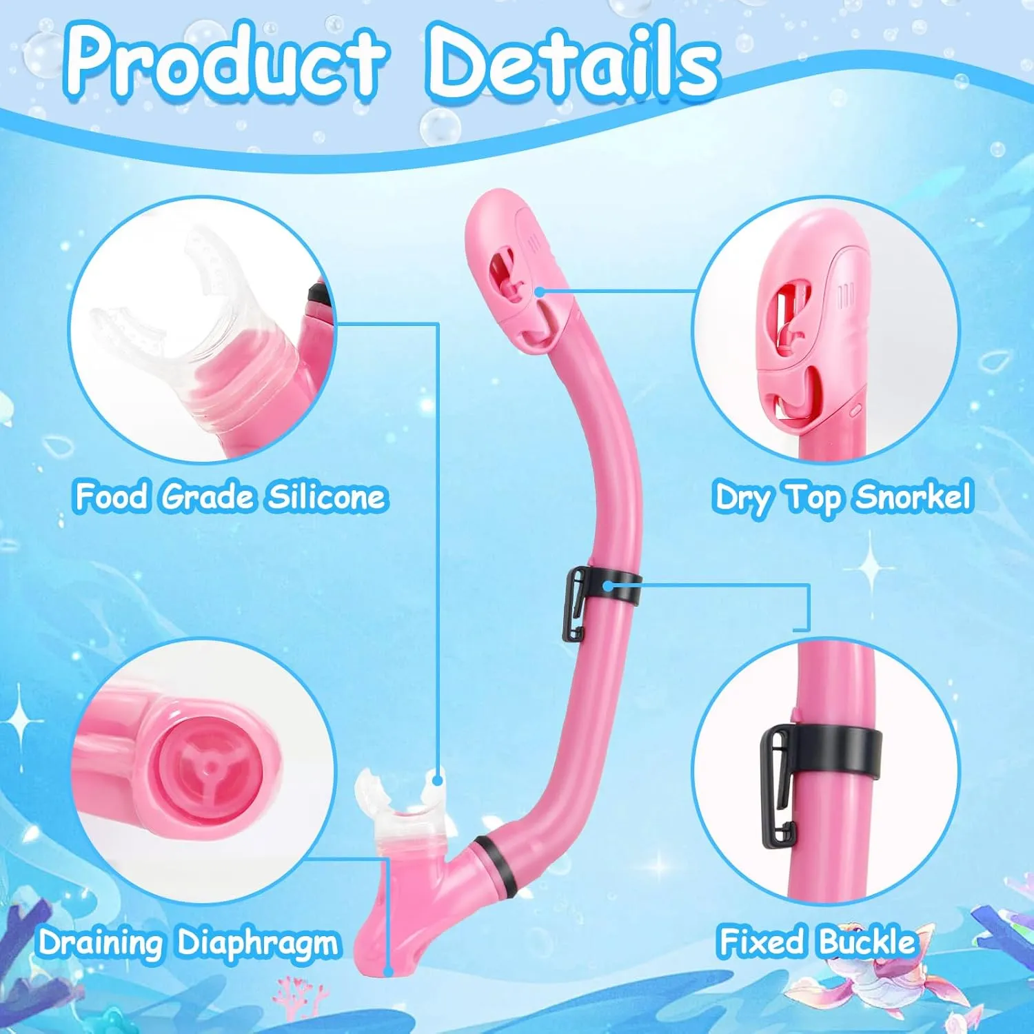 Mask Fins Snorkel Set, Snorkeling Gear for Kids, Panoramic View Diving Mask Anti-Fog, Anti-Leak, Dry Top Snorkel and Dive Flippers with Travel Bag, for Kid Snorkeling Swimming