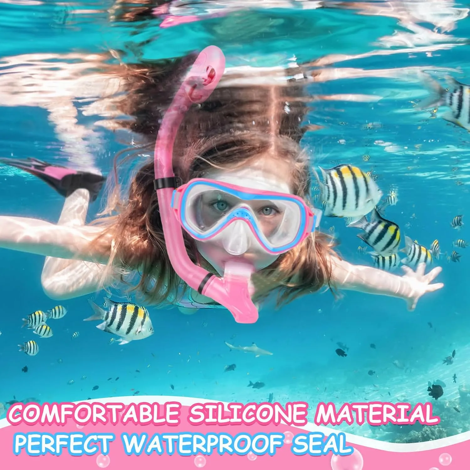 Mask Fins Snorkel Set, Snorkeling Gear for Kids, Panoramic View Diving Mask Anti-Fog, Anti-Leak, Dry Top Snorkel and Dive Flippers with Travel Bag, for Kid Snorkeling Swimming