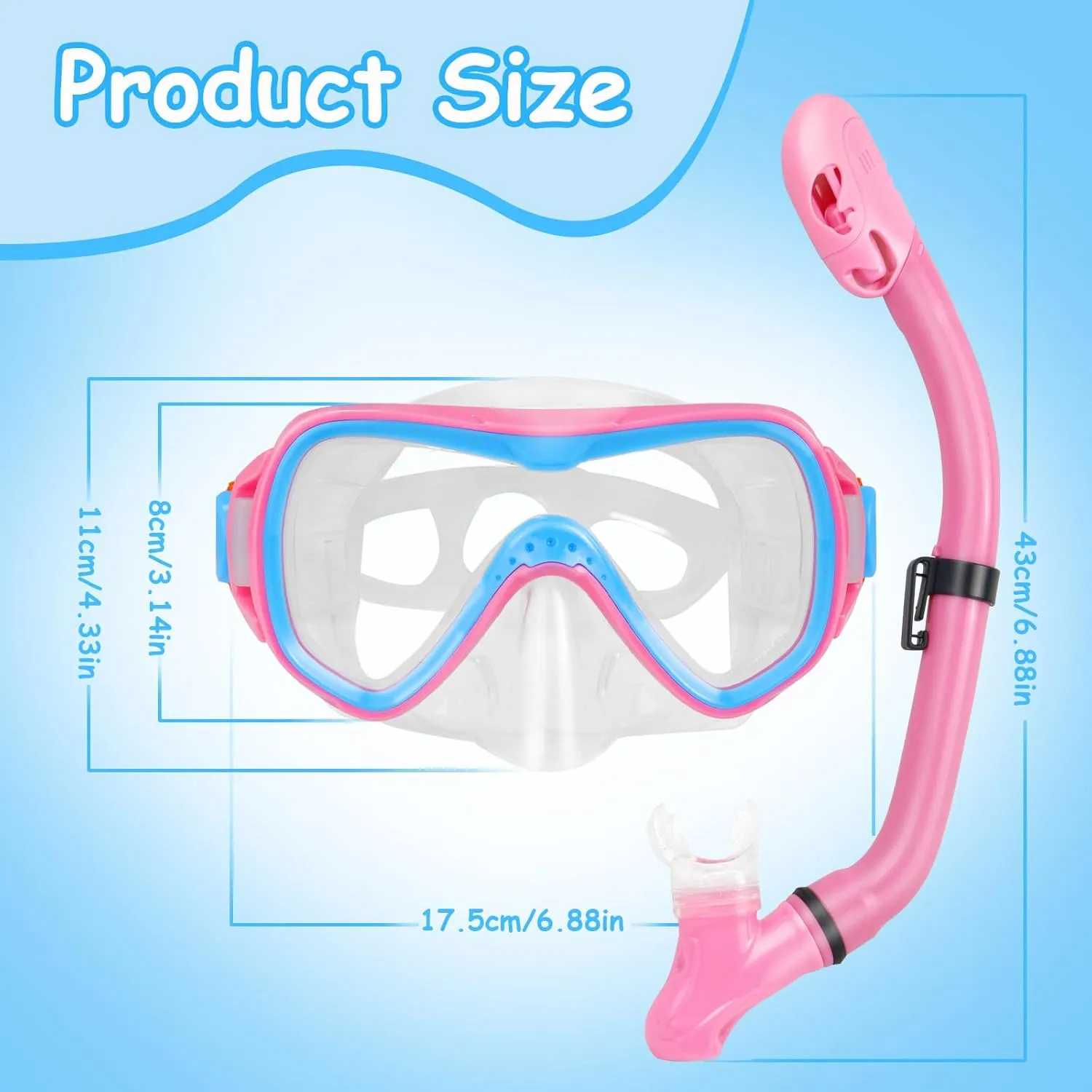 Mask Fins Snorkel Set, Snorkeling Gear for Kids, Panoramic View Diving Mask Anti-Fog, Anti-Leak, Dry Top Snorkel and Dive Flippers with Travel Bag, for Kid Snorkeling Swimming