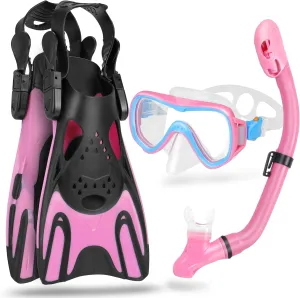 Mask Fins Snorkel Set, Snorkeling Gear for Kids, Panoramic View Diving Mask Anti-Fog, Anti-Leak, Dry Top Snorkel and Dive Flippers with Travel Bag, for Kid Snorkeling Swimming