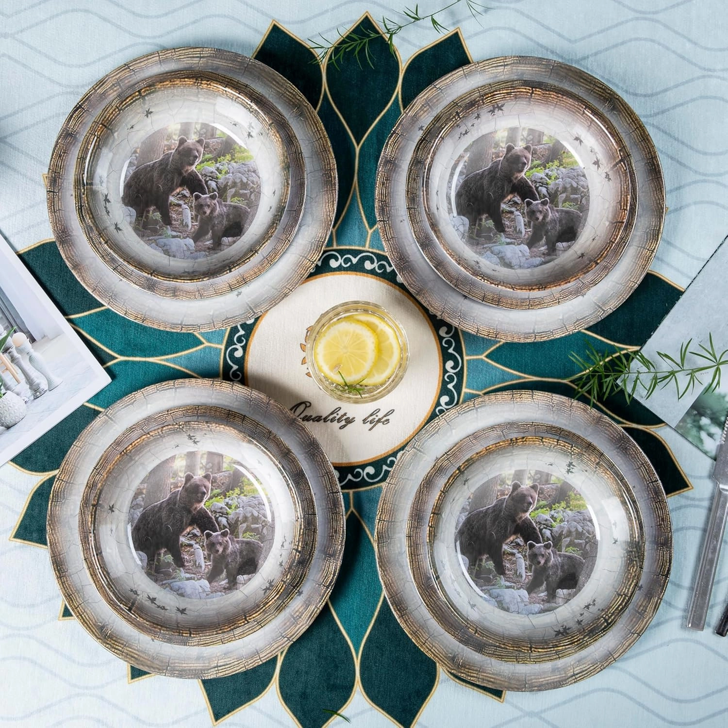 Melamine Dinnerware set for 4 - Dinner Plates Bowls Set 12 PCS Durable BPA Free Dishwasher Safe Shatter-Proof Chip Resistant for Indoor Outdoor,Bear