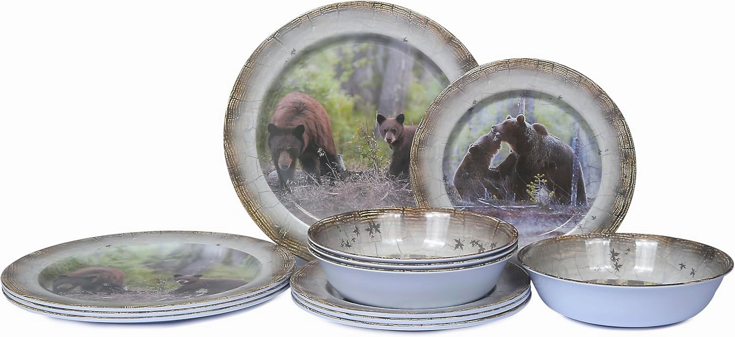 Melamine Dinnerware set for 4 - Dinner Plates Bowls Set 12 PCS Durable BPA Free Dishwasher Safe Shatter-Proof Chip Resistant for Indoor Outdoor,Bear