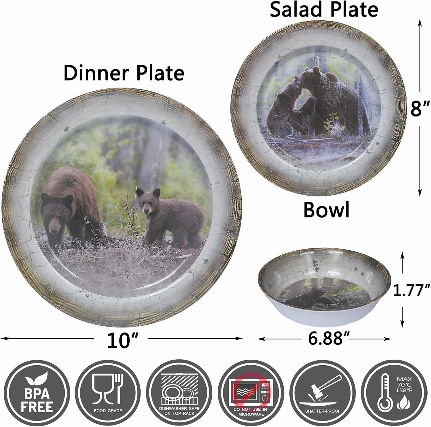 Melamine Dinnerware set for 4 - Dinner Plates Bowls Set 12 PCS Durable BPA Free Dishwasher Safe Shatter-Proof Chip Resistant for Indoor Outdoor,Bear