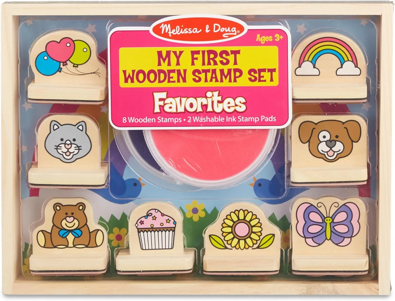Melissa & Doug My First Wooden Stamp Set Favorites (8 Stamps with Handles, 2 Washable Ink Pads) Wooden Kids Stamps With Handles Set, For Kids Ages 3 
