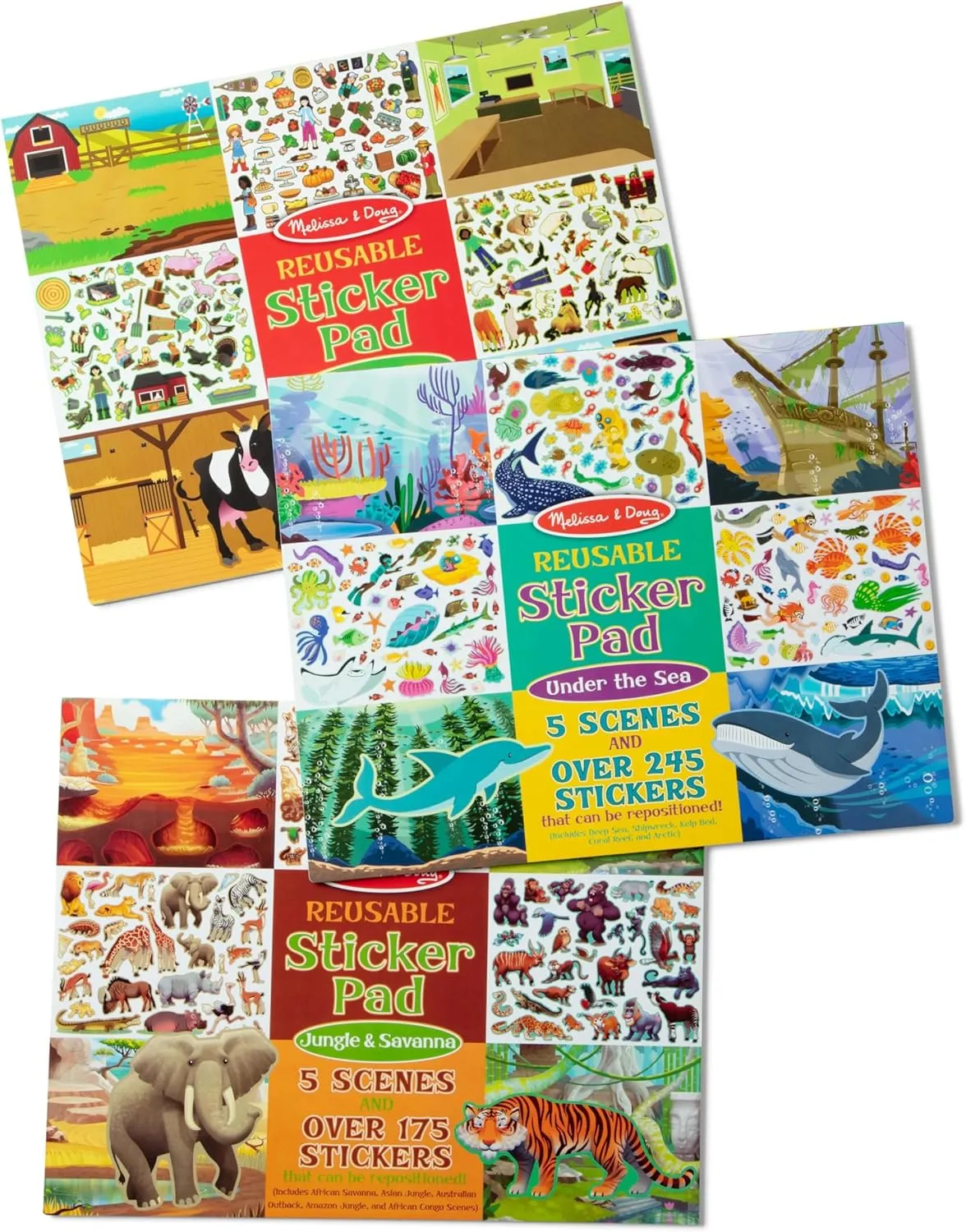 Melissa & Doug Reusable Sticker Pad Bundle - Jungle, Farm & Under the Sea - Art Activities For Kids, Restickable Stickers, Arts And Crafts For Kids Ages 3 