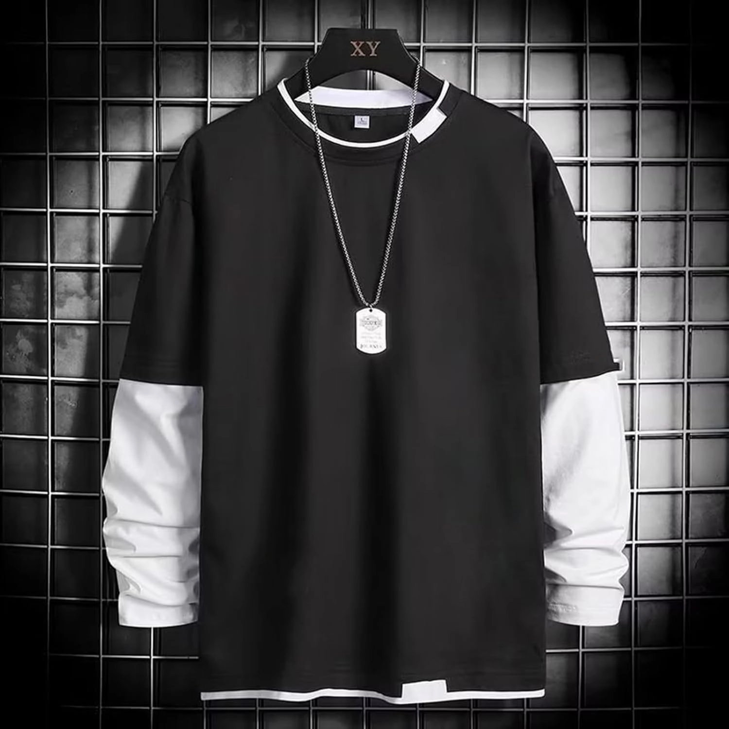 Men's Sweatshirt Raglan Sleeve Fake Two Piece Crewneck Long Sleeve Pullover Tops Fashion Lightweight Comfy Streetwear