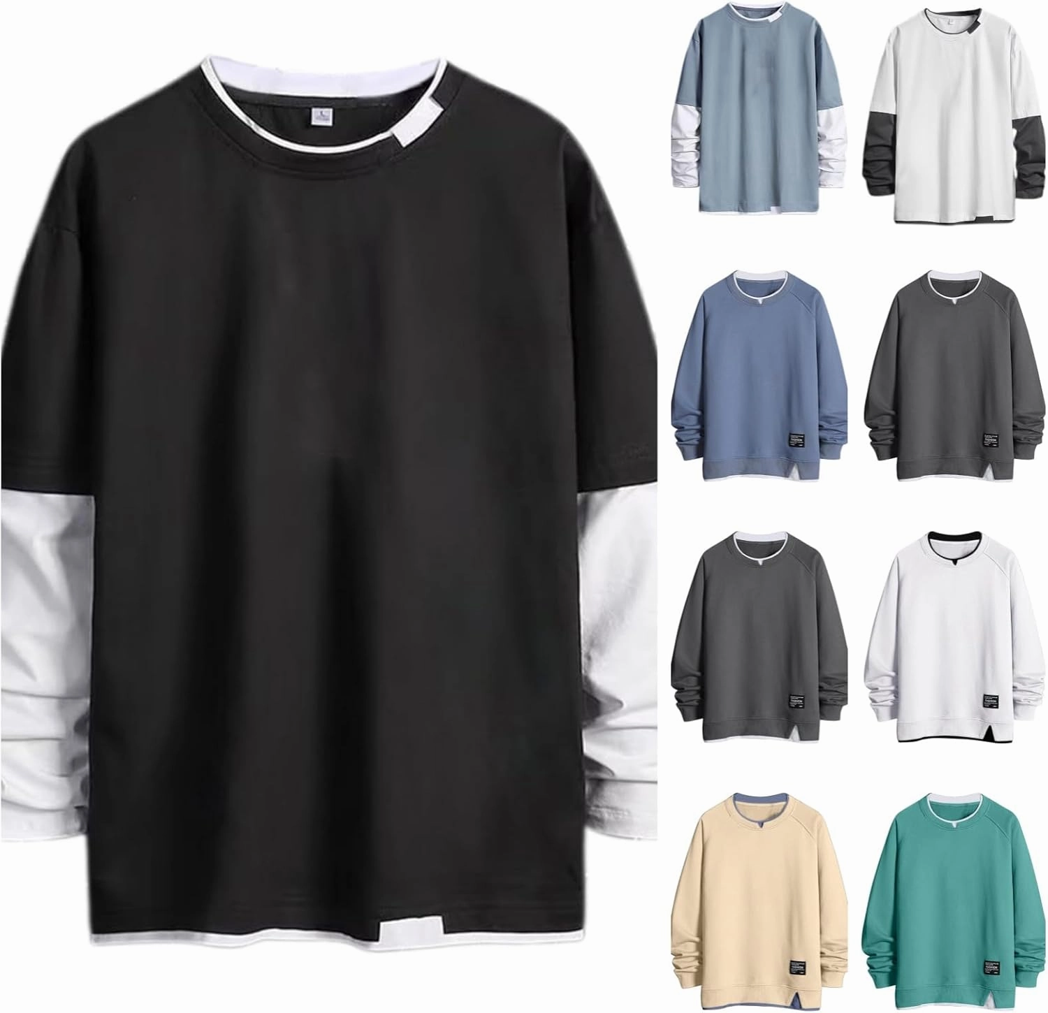 Men's Sweatshirt Raglan Sleeve Fake Two Piece Crewneck Long Sleeve Pullover Tops Fashion Lightweight Comfy Streetwear