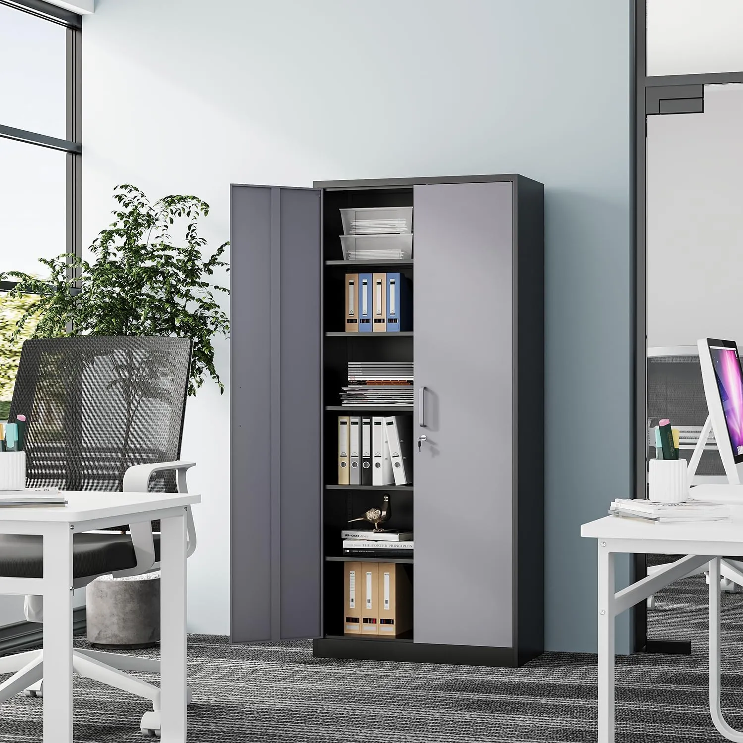 Metal Storage Cabinet-72” Tall Steel File Cabinets with Lockable Doors and 5 Adjustable Shelves-Black&Gray Steel Storage Cabinet for Home, School, Office, Garage
