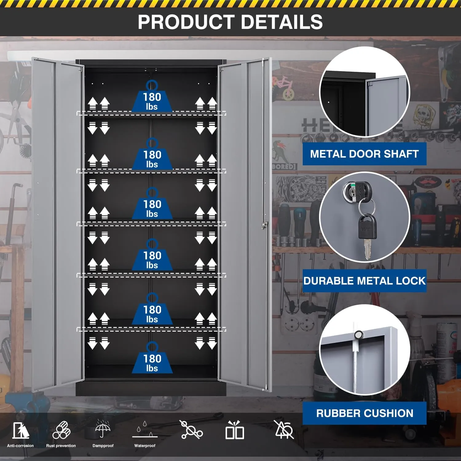 Metal Storage Cabinet-72” Tall Steel File Cabinets with Lockable Doors and 5 Adjustable Shelves-Black&Gray Steel Storage Cabinet for Home, School, Office, Garage