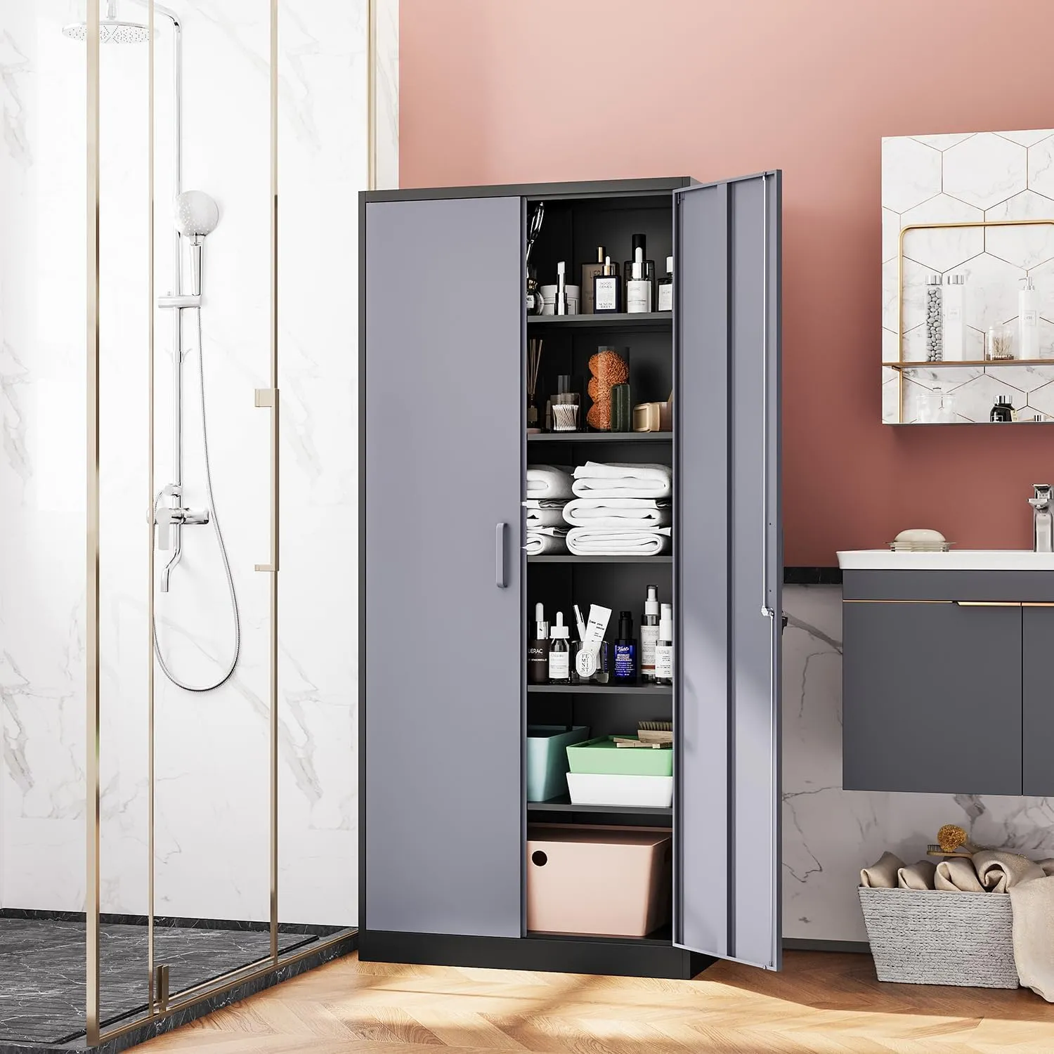 Metal Storage Cabinet-72” Tall Steel File Cabinets with Lockable Doors and 5 Adjustable Shelves-Black&Gray Steel Storage Cabinet for Home, School, Office, Garage