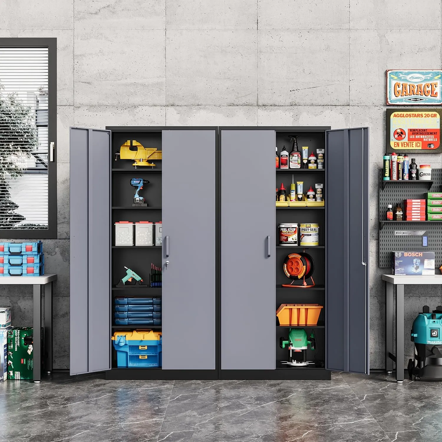 Metal Storage Cabinet-72” Tall Steel File Cabinets with Lockable Doors and 5 Adjustable Shelves-Black&Gray Steel Storage Cabinet for Home, School, Office, Garage