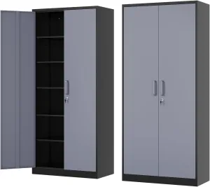 Metal Storage Cabinet-72” Tall Steel File Cabinets with Lockable Doors and 5 Adjustable Shelves-Black&Gray Steel Storage Cabinet for Home, School, Office, Garage