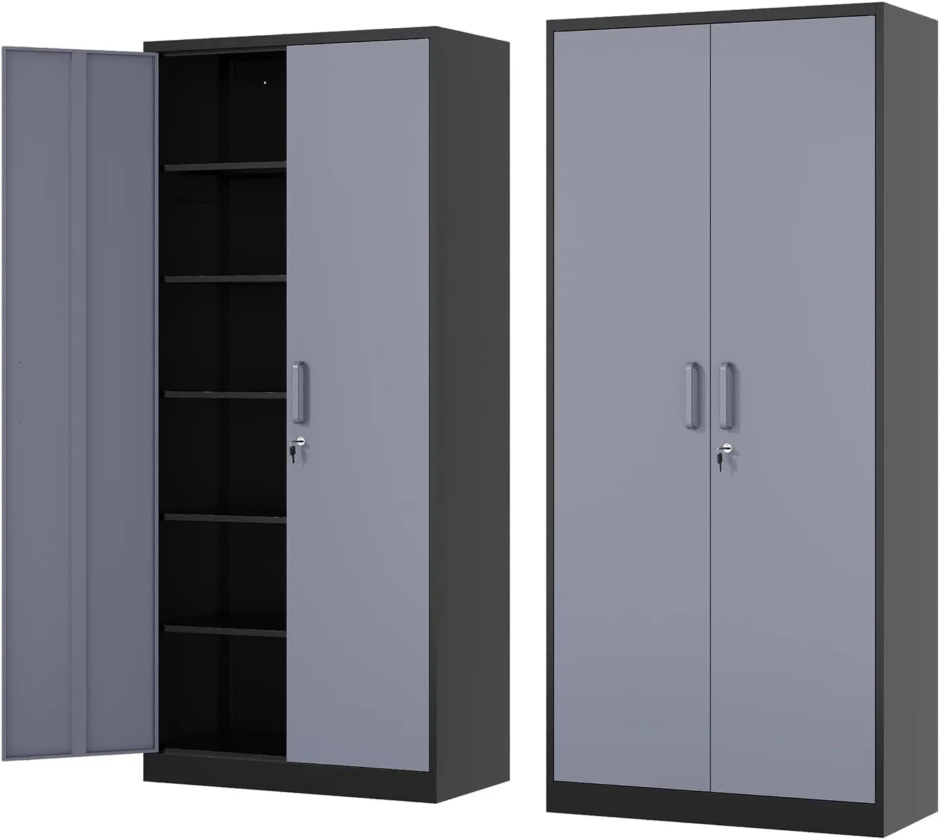 Metal Storage Cabinet-72” Tall Steel File Cabinets with Lockable Doors and 5 Adjustable Shelves-Black&Gray Steel Storage Cabinet for Home, School, Office, Garage