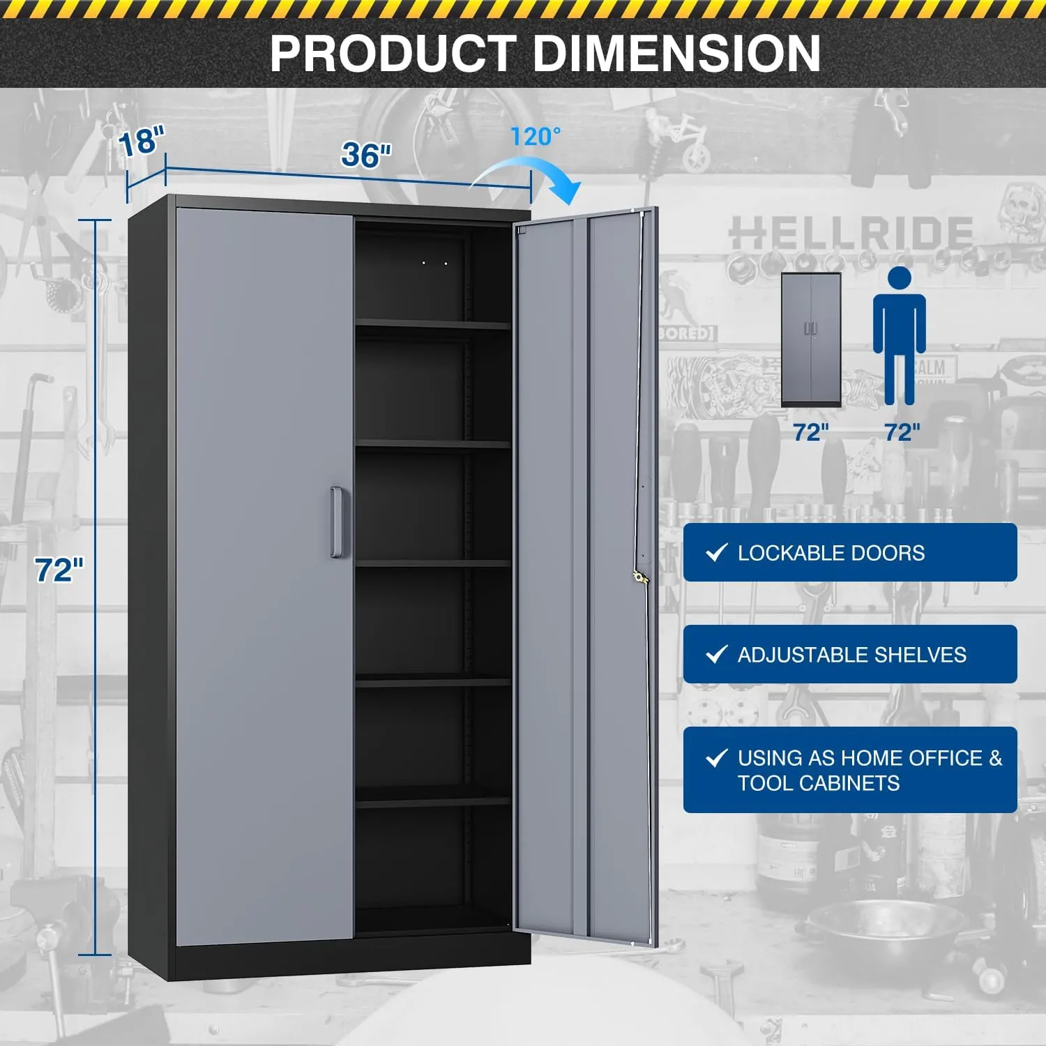 Metal Storage Cabinet-72” Tall Steel File Cabinets with Lockable Doors and 5 Adjustable Shelves-Black&Gray Steel Storage Cabinet for Home, School, Office, Garage