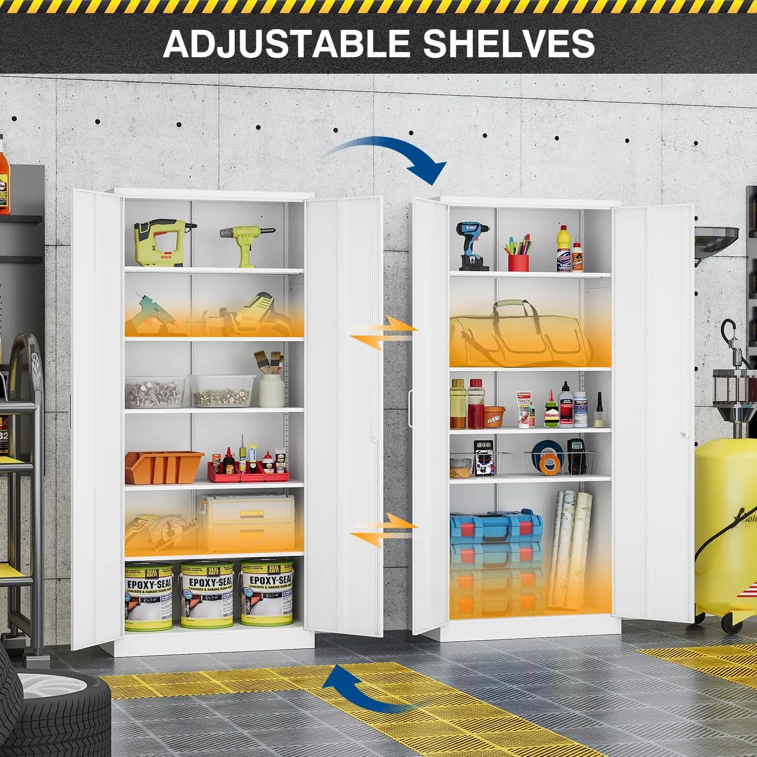 Metal Storage Cabinet-72” Tall Steel File Cabinets with Lockable Doors and 5 Adjustable Shelves-White Steel Storage Cabinet for Home, School, Office, Garage