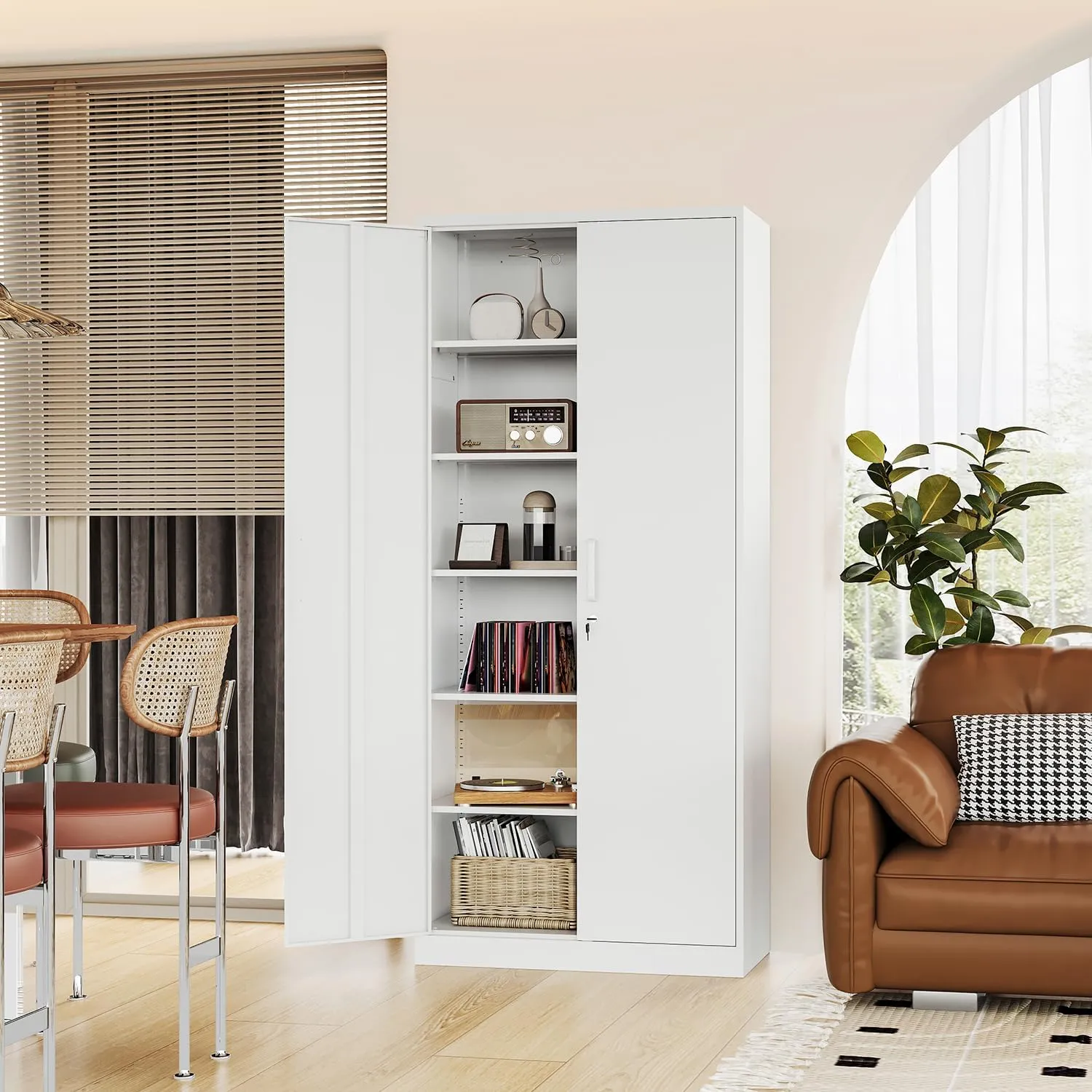 Metal Storage Cabinet-72” Tall Steel File Cabinets with Lockable Doors and 5 Adjustable Shelves-White Steel Storage Cabinet for Home, School, Office, Garage