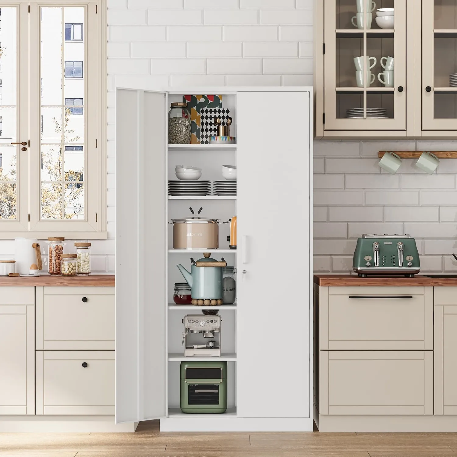 Metal Storage Cabinet-72” Tall Steel File Cabinets with Lockable Doors and 5 Adjustable Shelves-White Steel Storage Cabinet for Home, School, Office, Garage