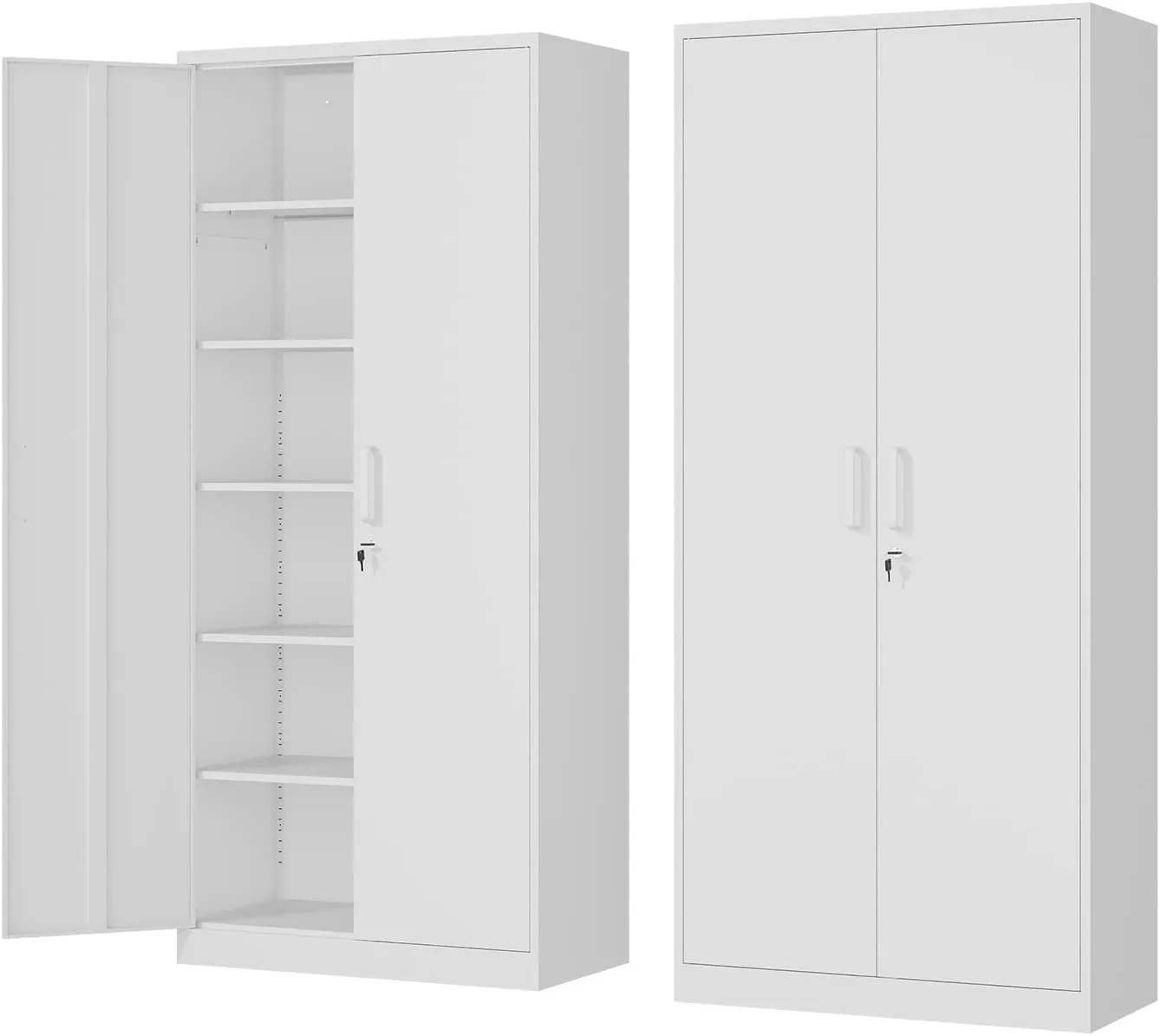 Metal Storage Cabinet-72” Tall Steel File Cabinets with Lockable Doors and 5 Adjustable Shelves-White Steel Storage Cabinet for Home, School, Office, Garage