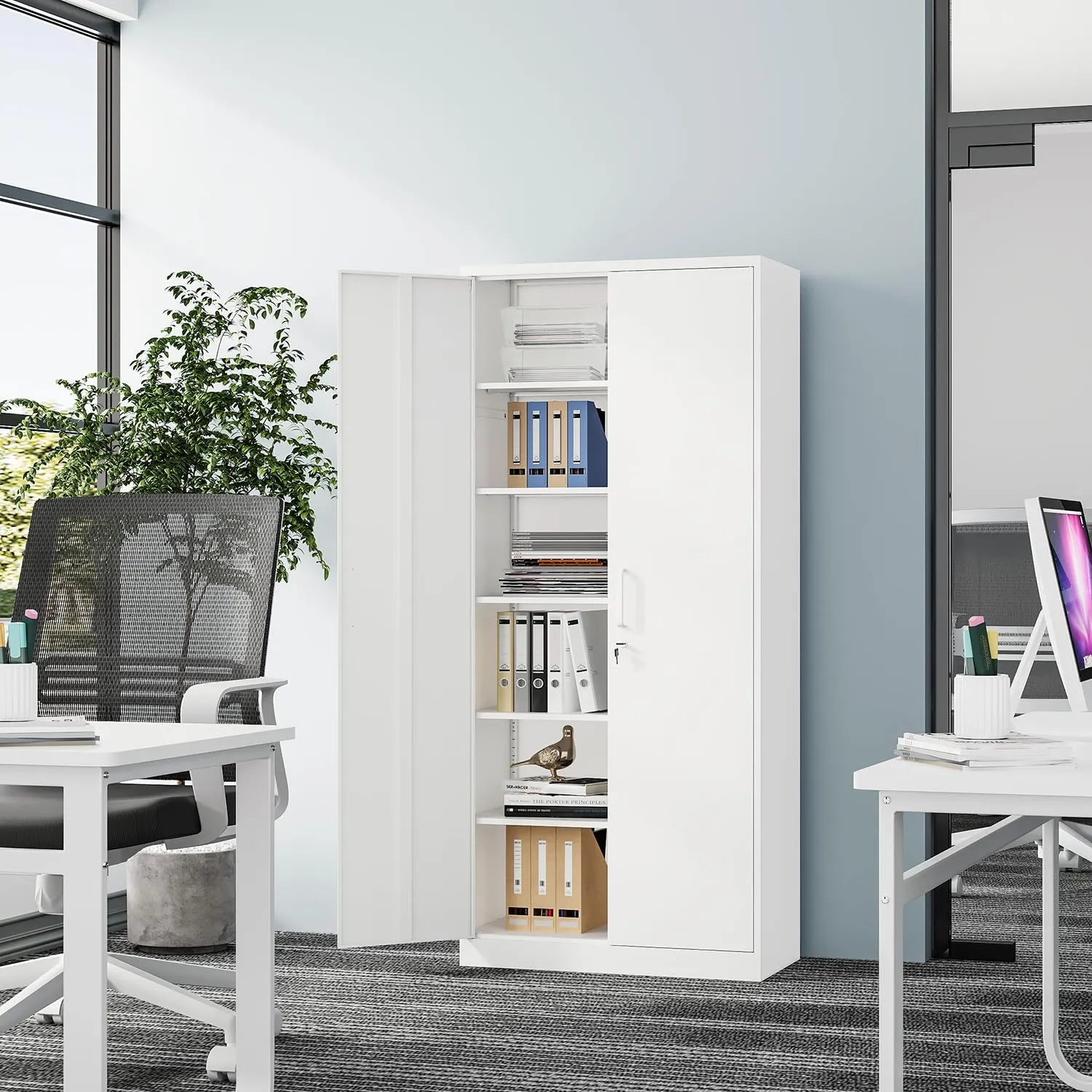 Metal Storage Cabinet-72” Tall Steel File Cabinets with Lockable Doors and 5 Adjustable Shelves-White Steel Storage Cabinet for Home, School, Office, Garage