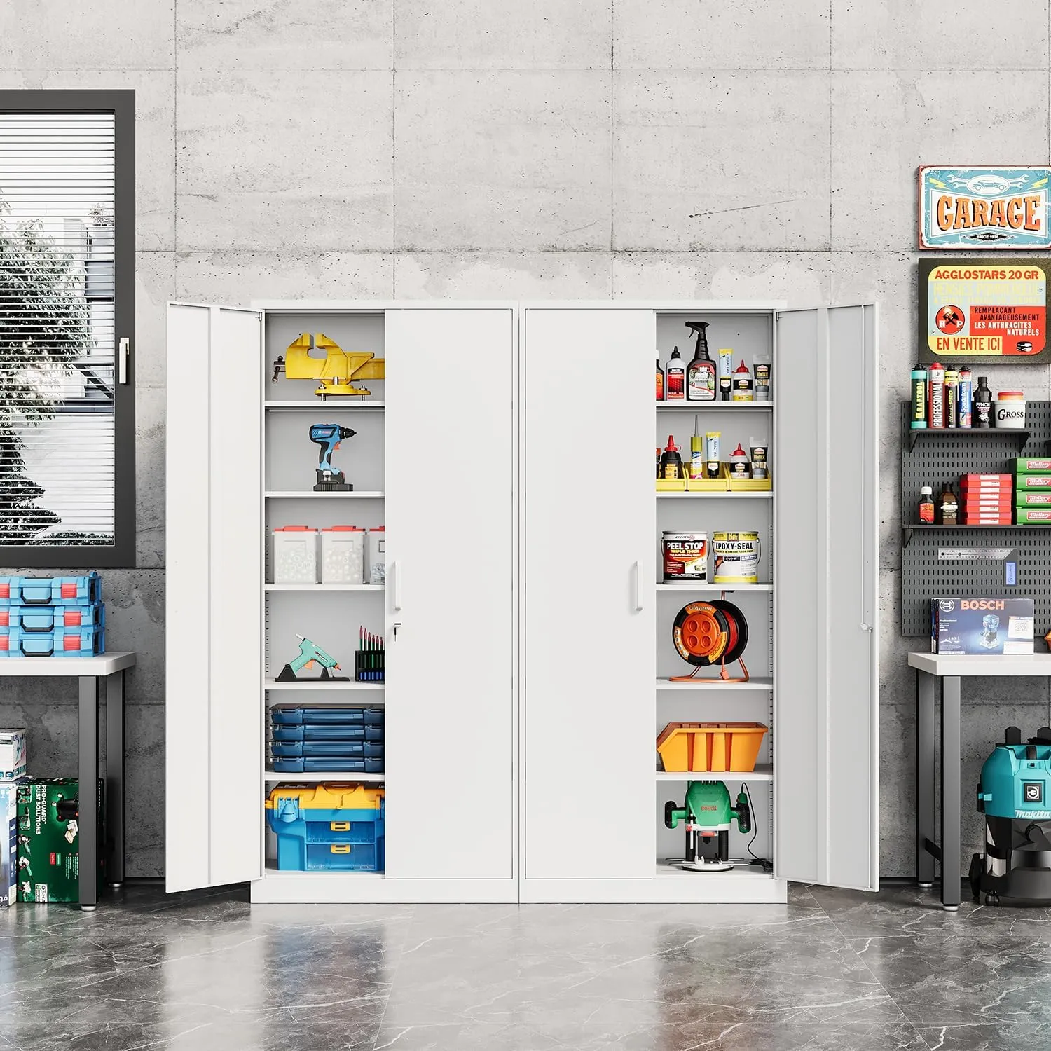 Metal Storage Cabinet-72” Tall Steel File Cabinets with Lockable Doors and 5 Adjustable Shelves-White Steel Storage Cabinet for Home, School, Office, Garage