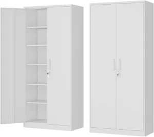 Metal Storage Cabinet-72” Tall Steel File Cabinets with Lockable Doors and 5 Adjustable Shelves-White Steel Storage Cabinet for Home, School, Office, Garage