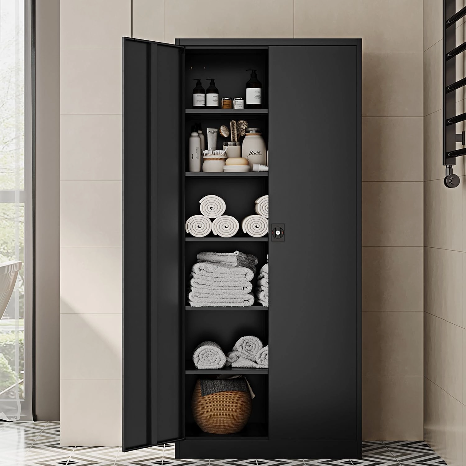 Metal Storage Cabinet-72” Black Tall Steel File Cabinets with Lockable Doors and Adjustable Shelves-Black Steel Storage Cabinet for Kitchen, Office, Garage